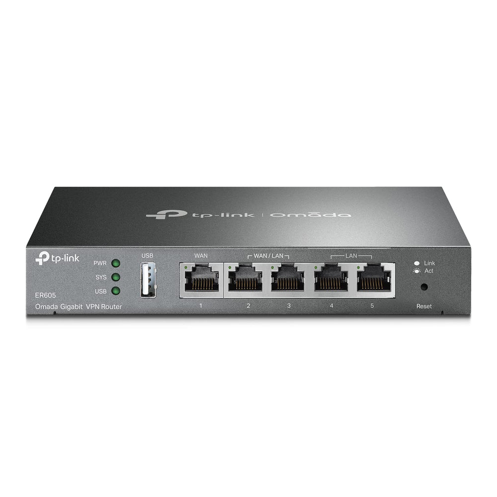 TP-Link ER605 V2 vista frontal mostrando indicadores LED y diseño compacto, rápida identificación