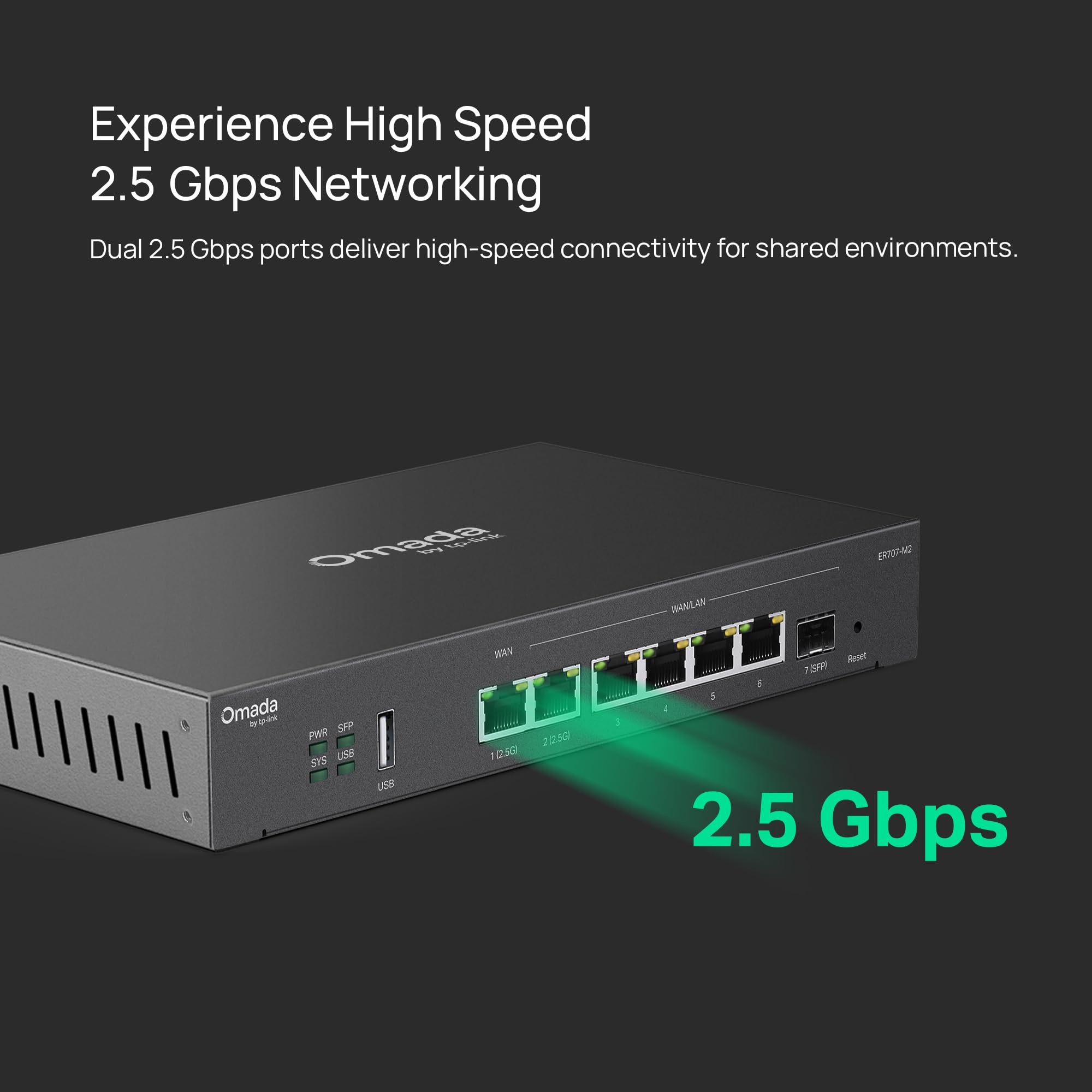 TP-Link ER707-M2 vista de puertos 2.5Gbps, Gigabit y USB para flexibilidad