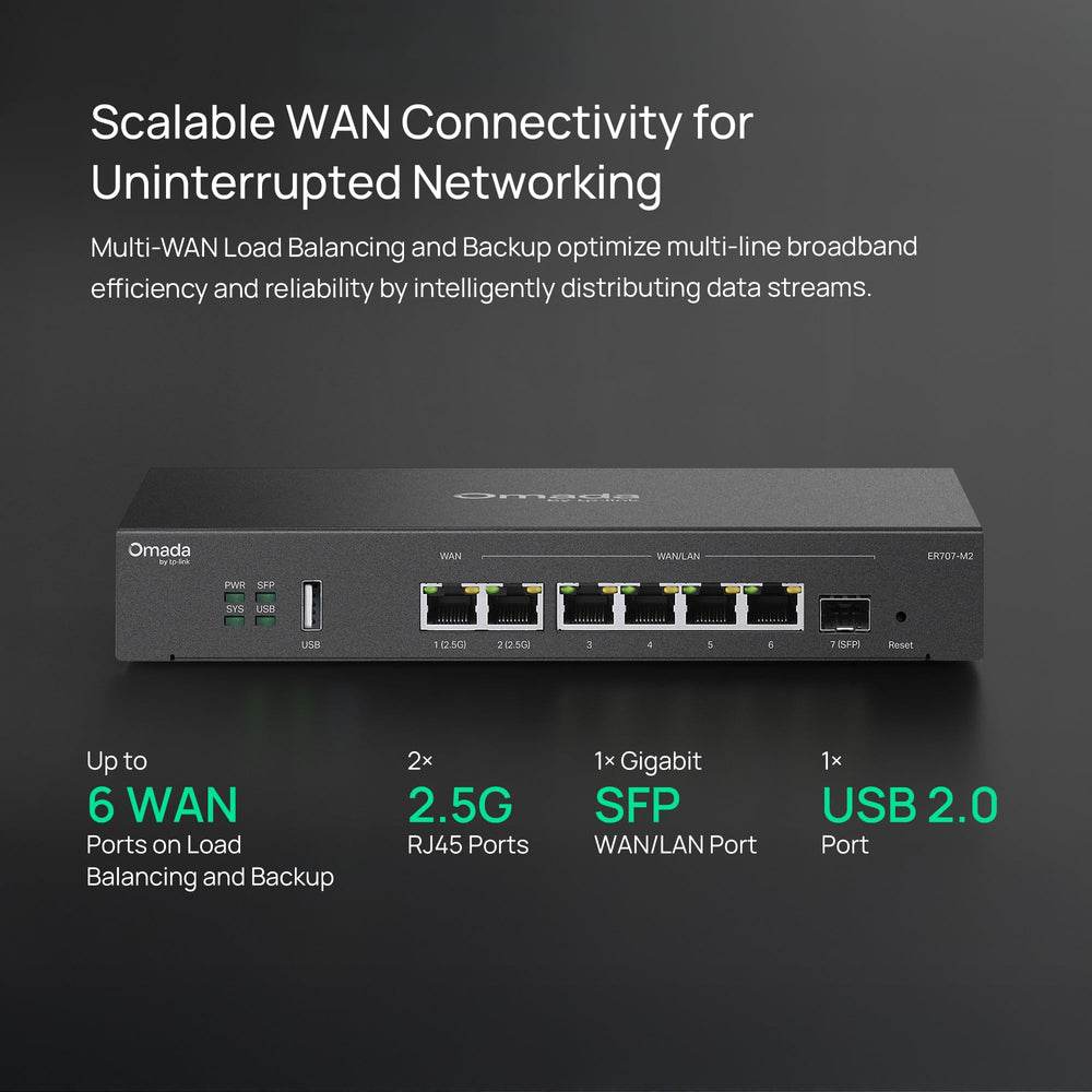 TP-Link ER707-M2 primer plano del puerto SFP mostrando conectividad fibra
