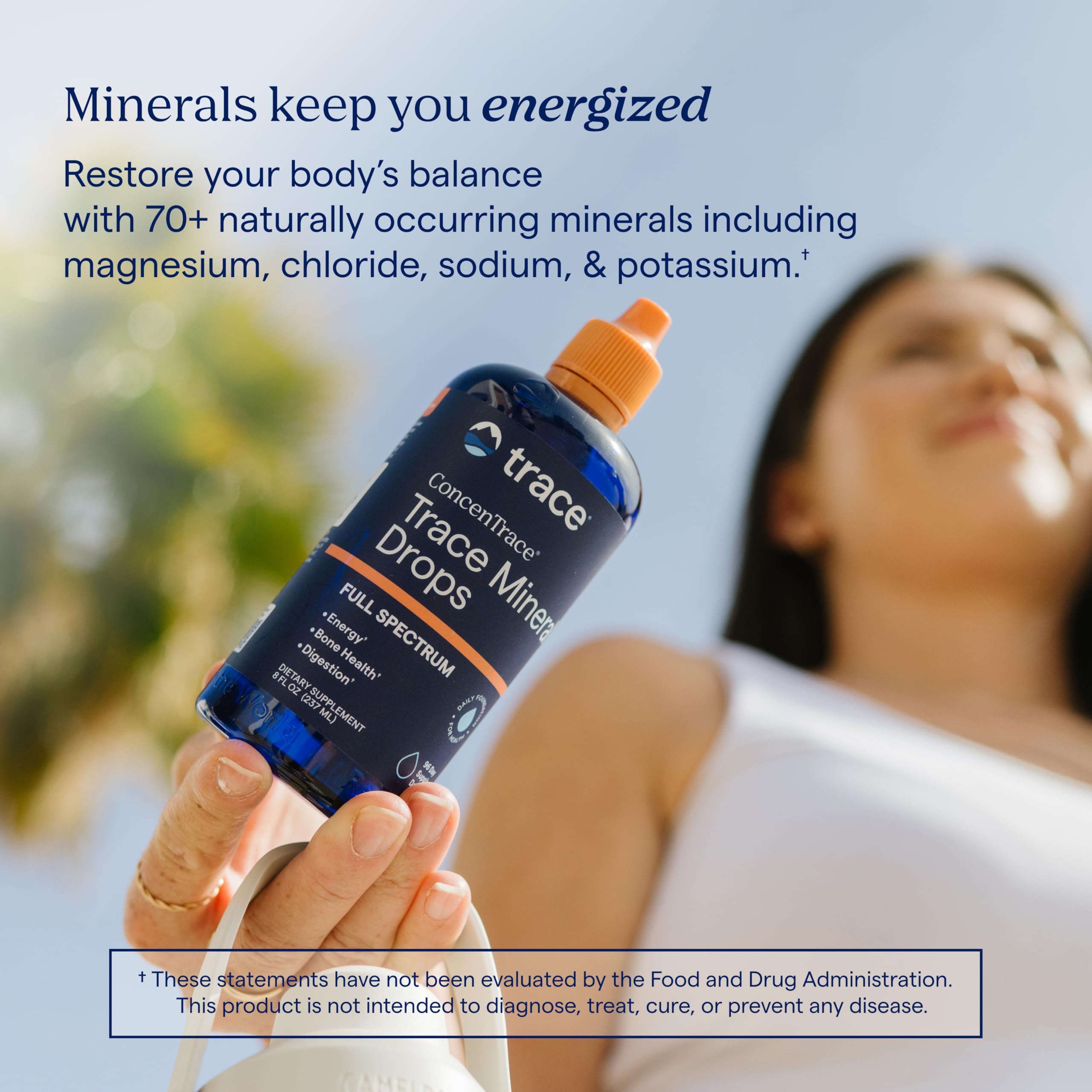 Trace Minerals etiqueta con información de minerales y instrucciones visibles