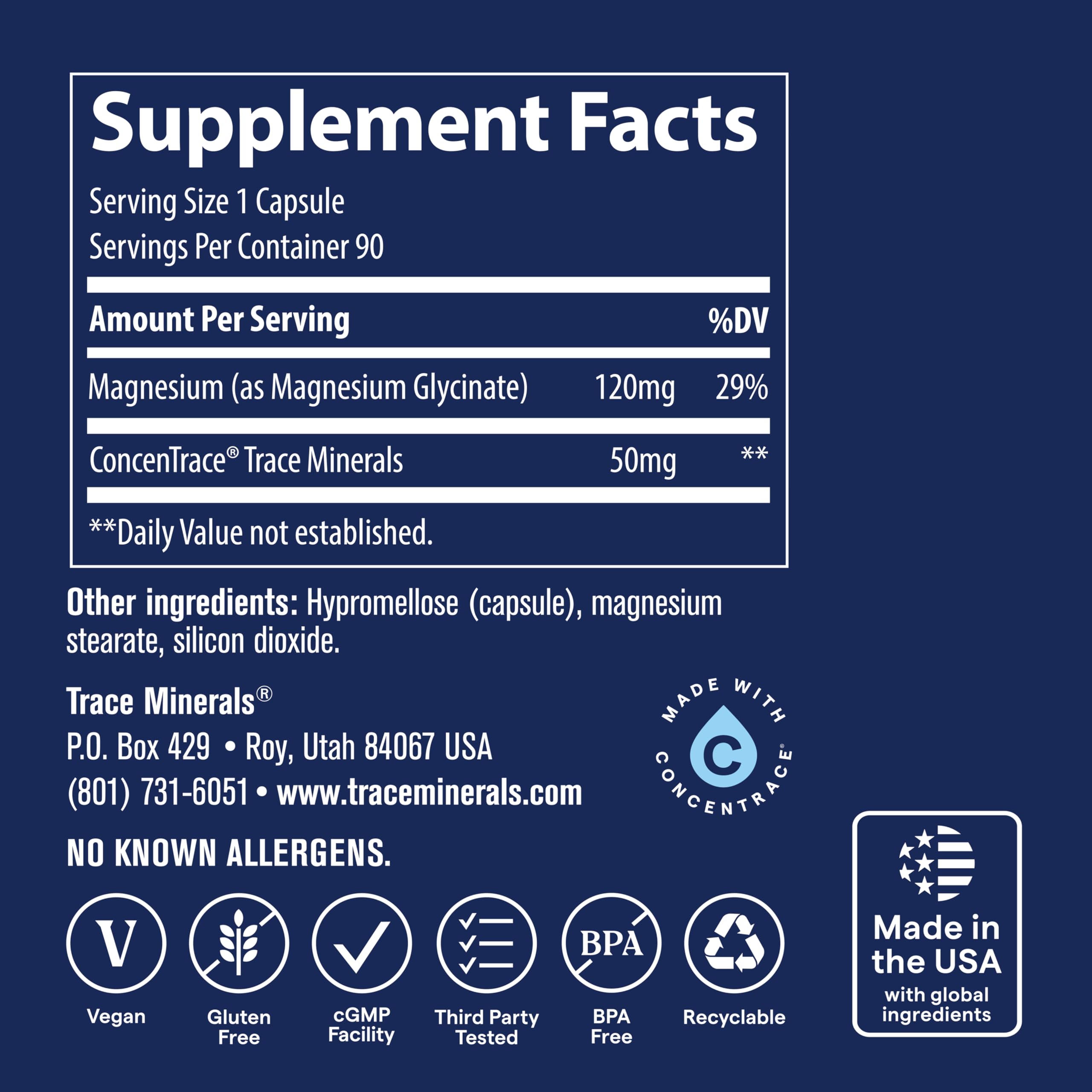 Trace Minerals etiqueta con ingredientes y certificaciones visibles