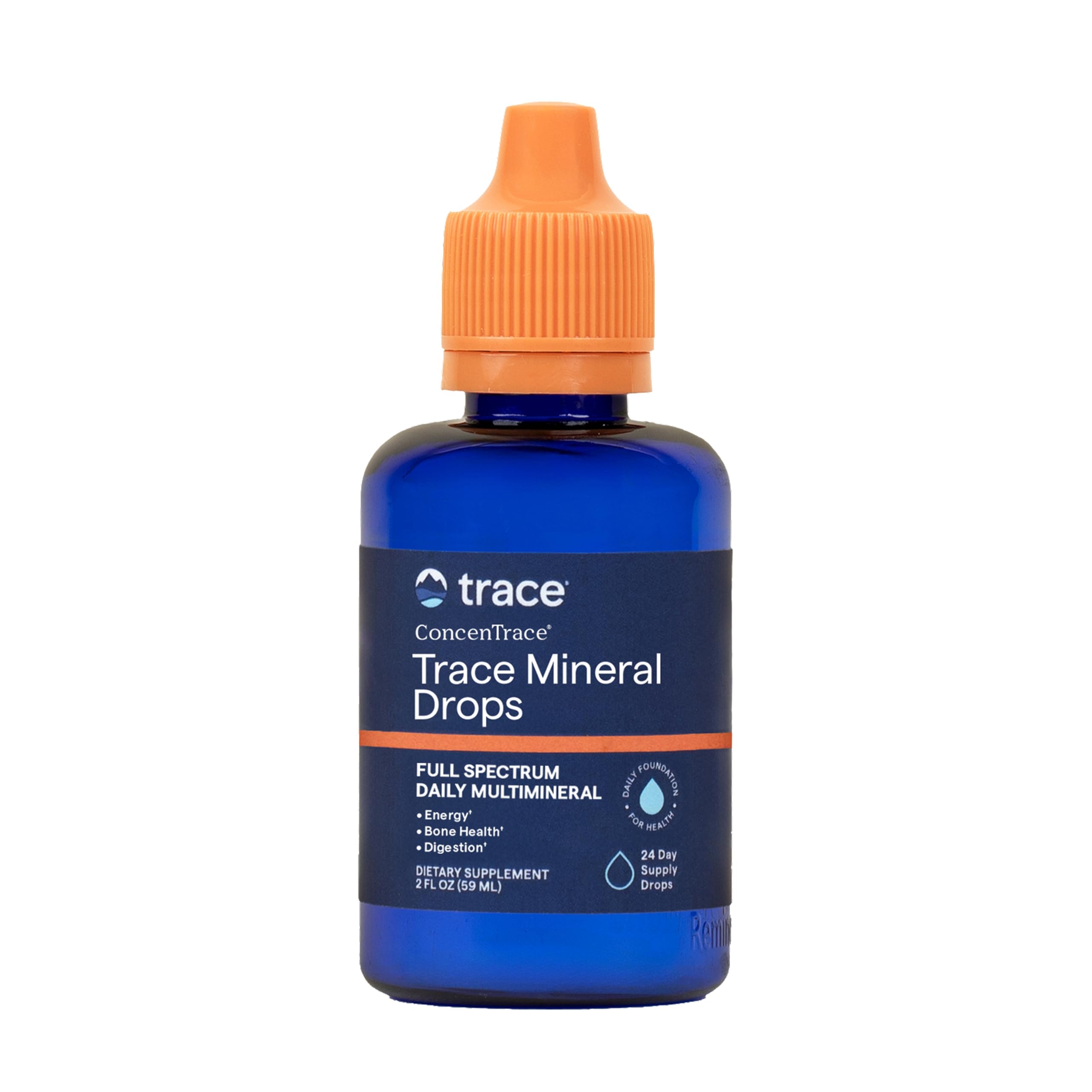 Trace Minerals frasco frontal del producto muestra la presentación de 2 fl oz y fácil dosificación
