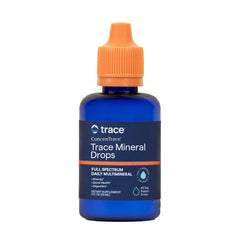 Trace Minerals frasco frontal del producto muestra la presentación de 2 fl oz y fácil dosificación