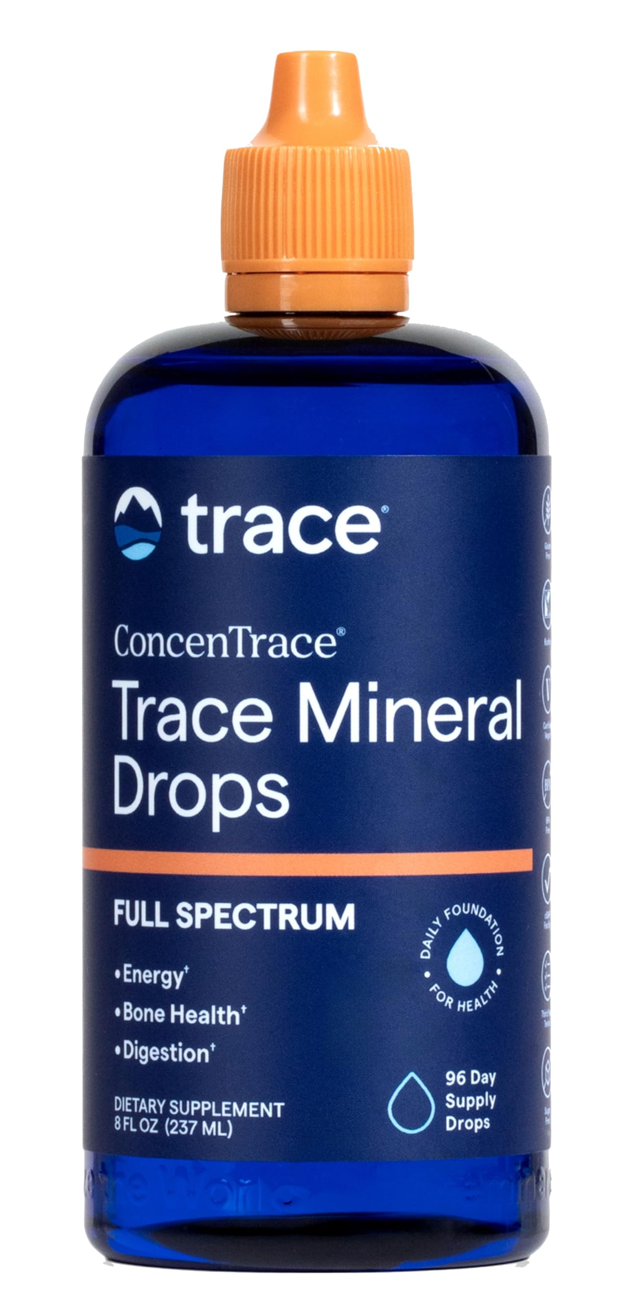Trace Minerals vista frontal del envase muestra etiqueta clara y fácil de leer beneficios
