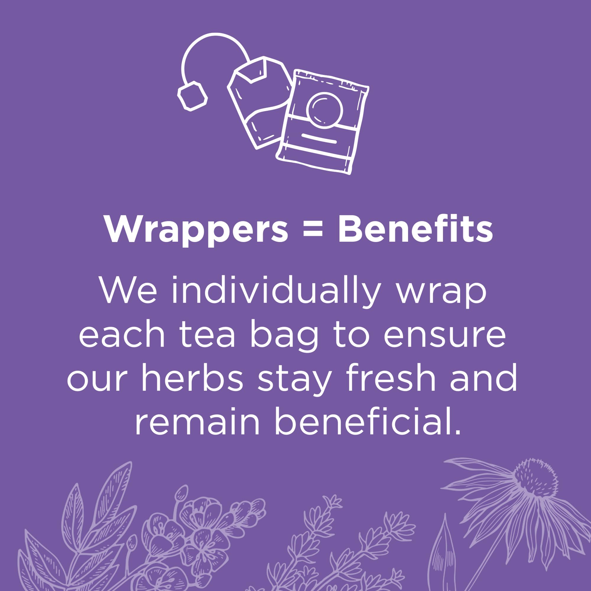 Traditional Medicinals bolsa de té abierta resaltando la bolsita compostable y comodidad