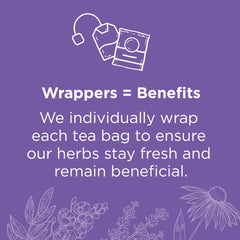 Traditional Medicinals bolsa de té abierta resaltando la bolsita compostable y comodidad