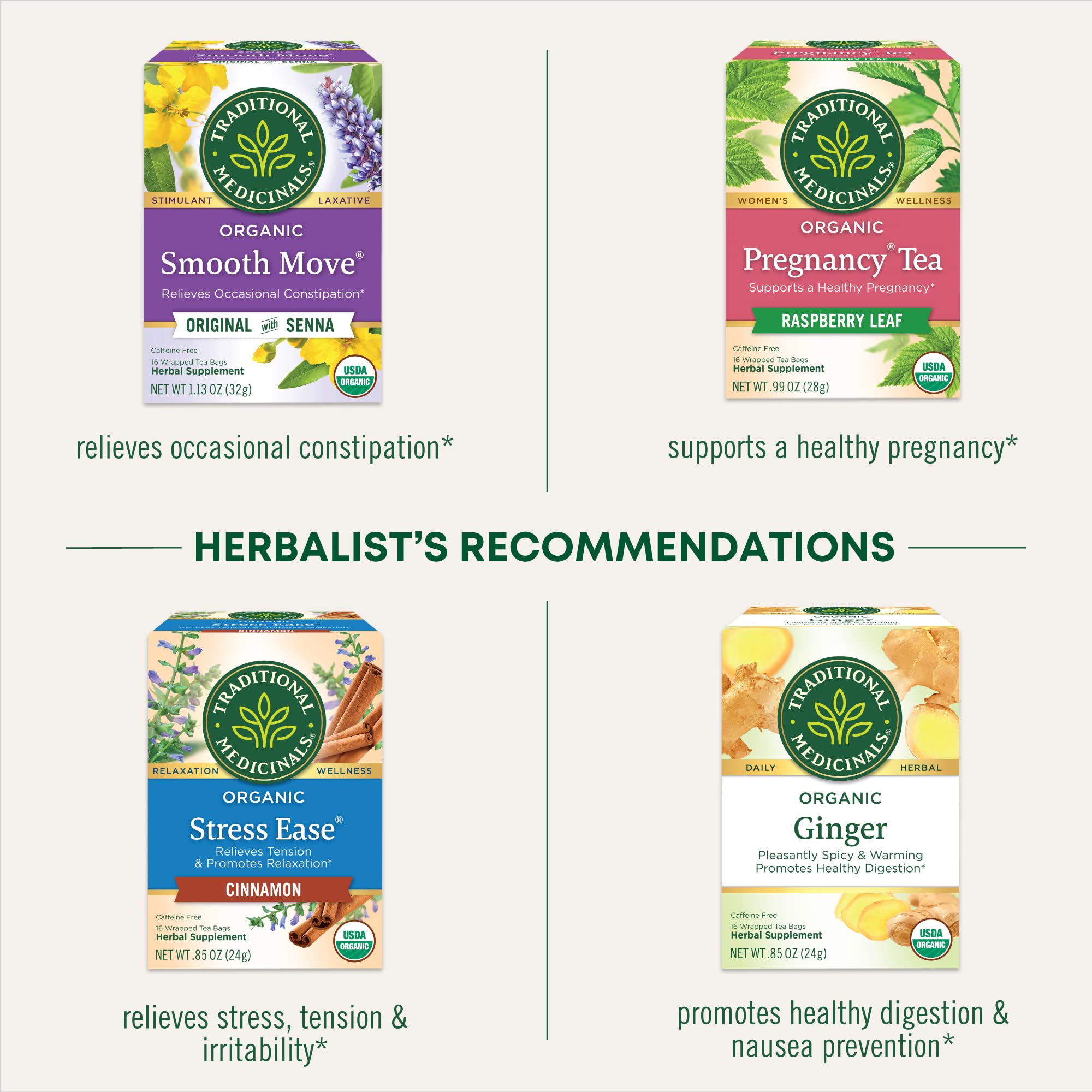 Traditional Medicinals etiqueta con certificaciones orgánicas y Non‑GMO