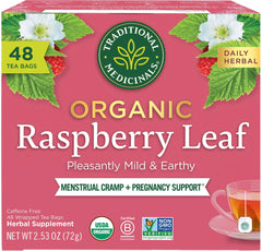 Traditional Medicinals caja frontal mostrando 48 bolsas y origen orgánico