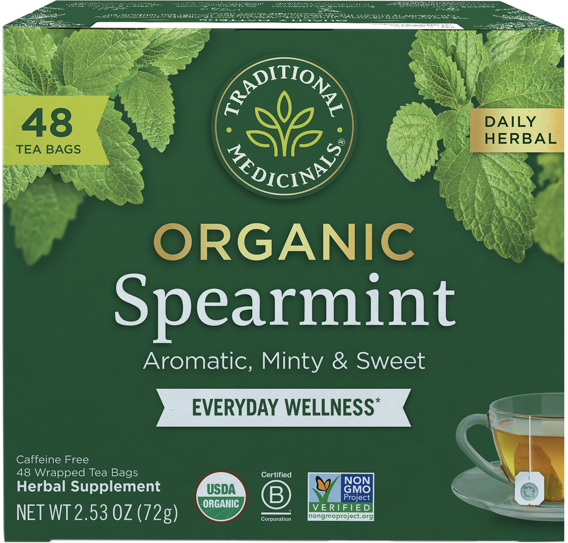 Traditional Medicinals caja frontal mostrando 48 bolsitas, refresco natural