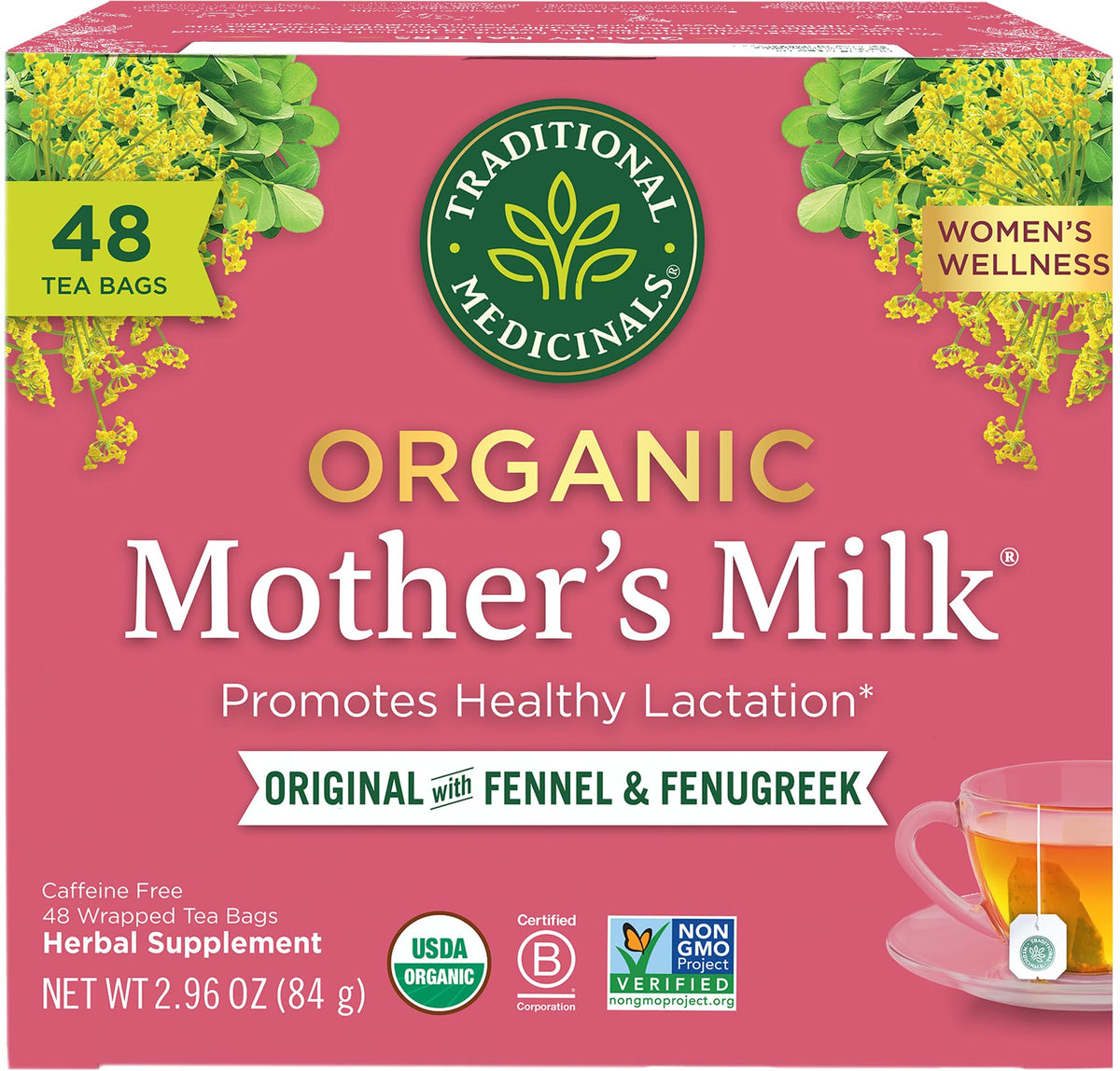 Traditional Medicinals empaque delantero mostrando 48 filtros y beneficios para la lactancia