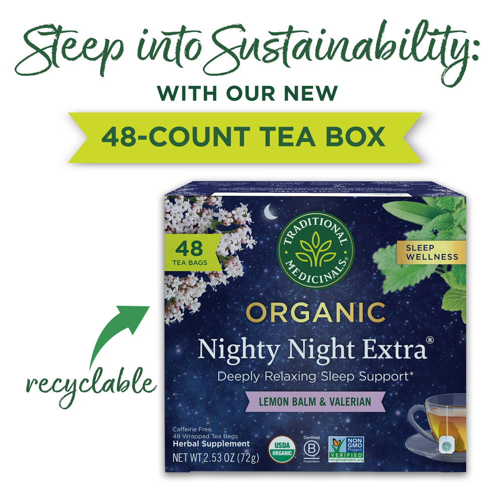 Traditional Medicinals primer plano de bolsita compostable y textura, destaca sostenibilidad