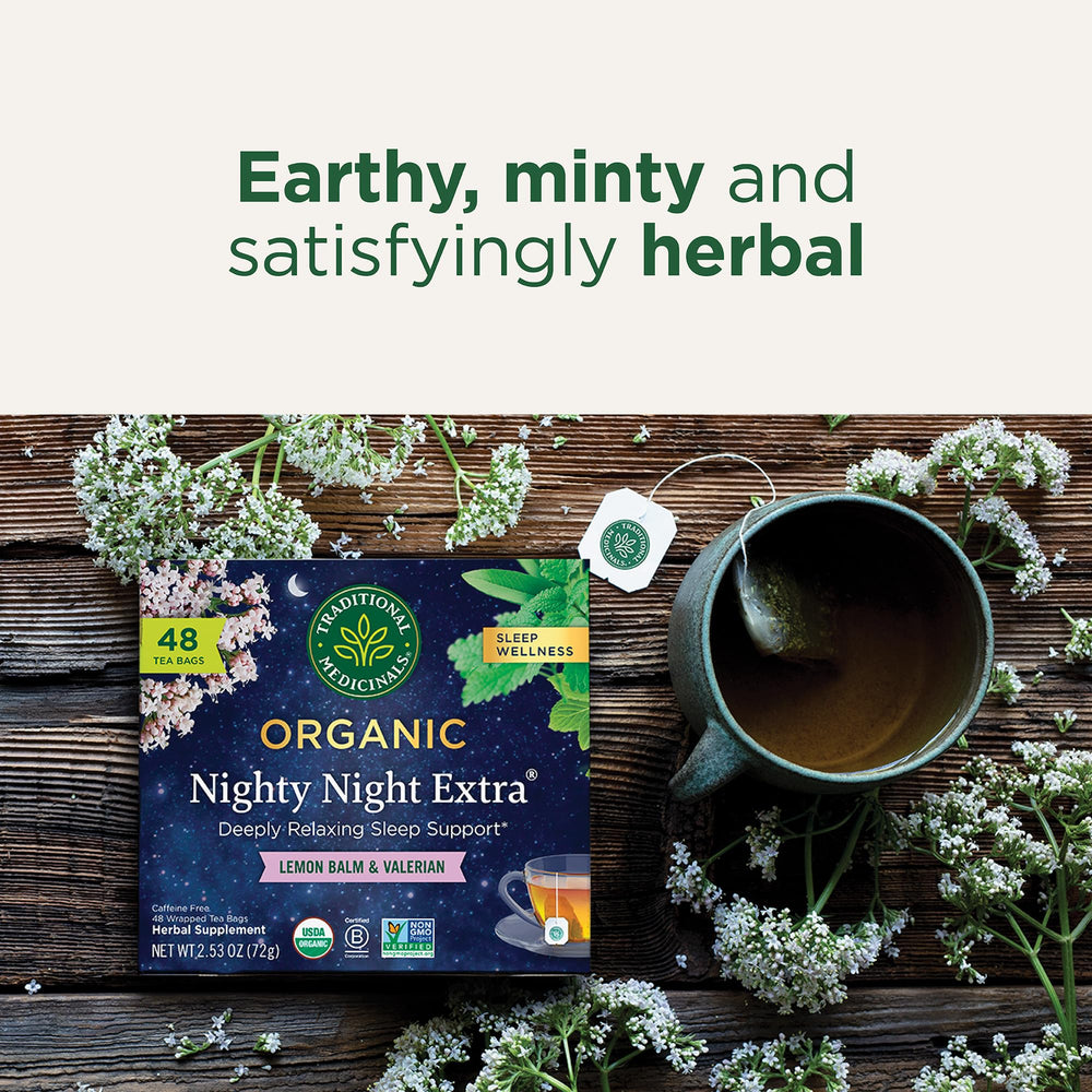 Traditional Medicinals detalle del empaque con sellos USDA Organic y Non-GMO