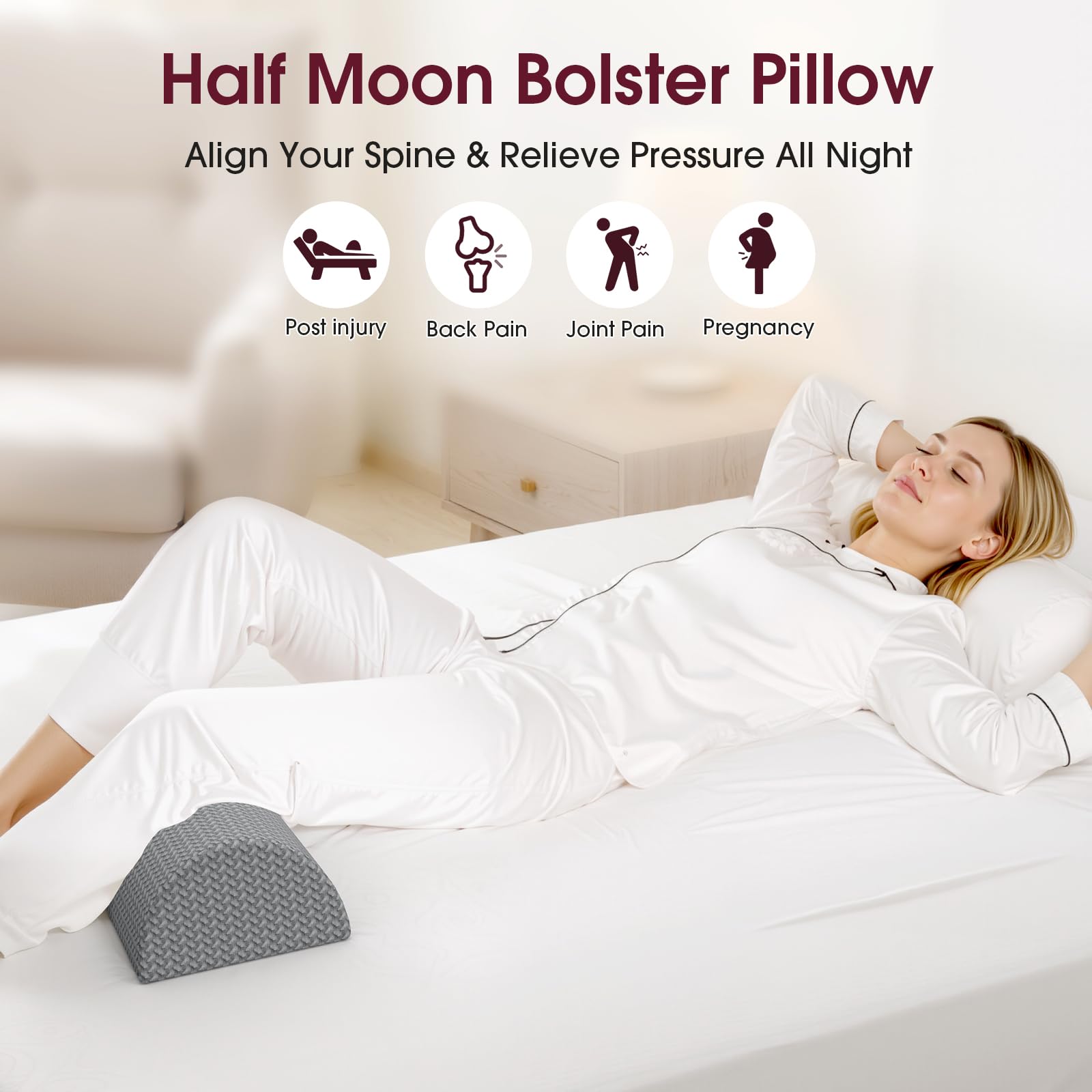 TranquilRelax almohada en uso sobre cama mejorando alineación lumbar y confort nocturno