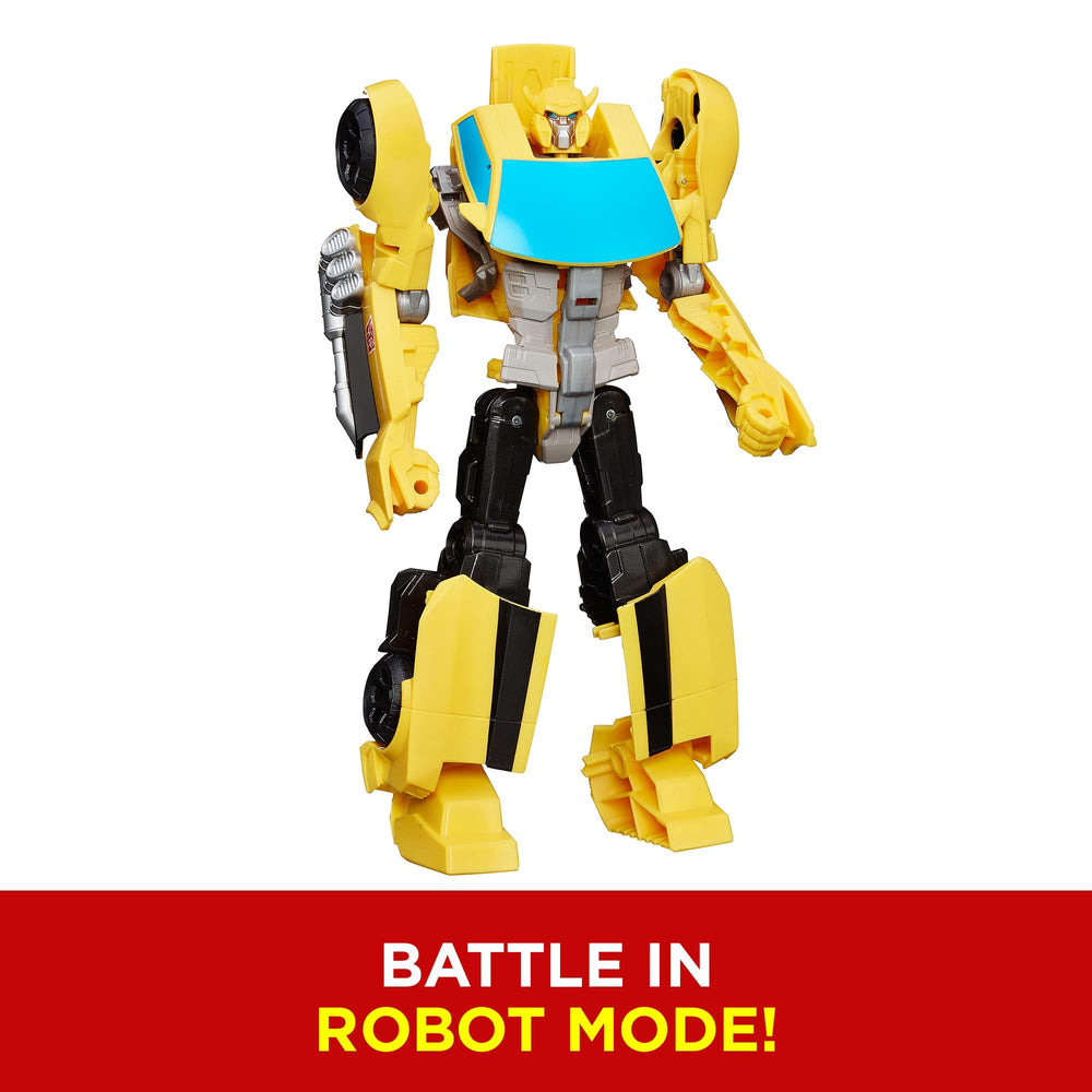 Transformers Bumblebee in hand for scale demonstrating 11-inch size and kid-friendly handling