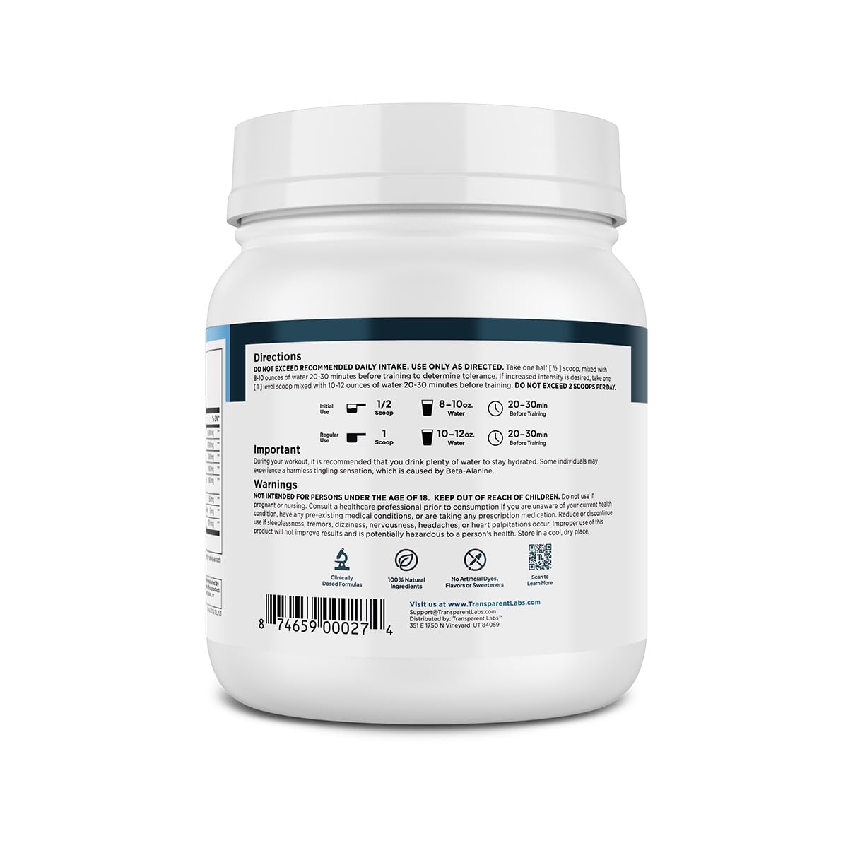Comparación del envase Transparent Labs en mano para mostrar tamaño y 30 servicios