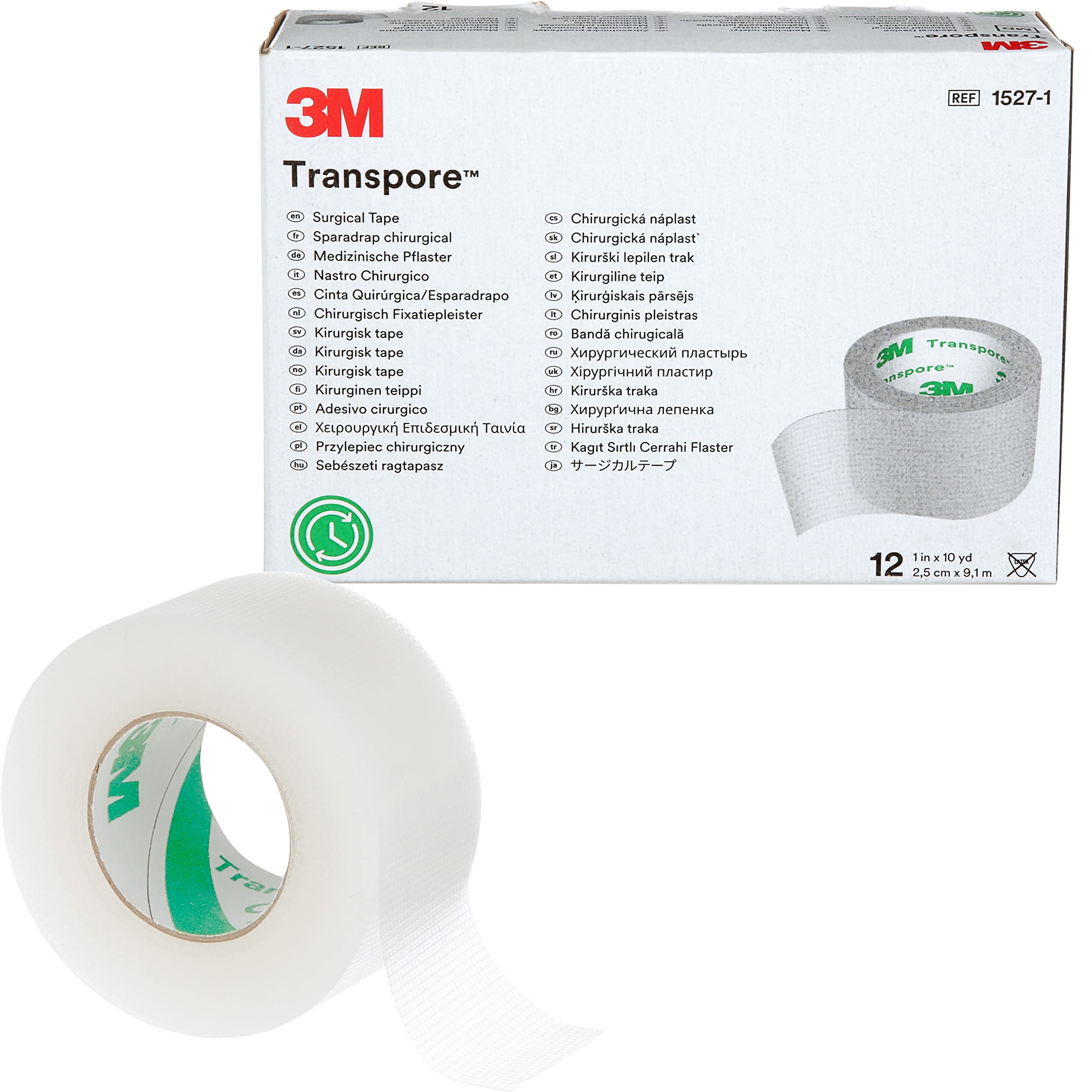Transpore empaque frontal mostrando rollo y tamaño, 3M garantiza visibilidad práctica