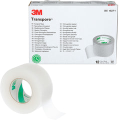 Transpore empaque frontal mostrando rollo y tamaño, 3M garantiza visibilidad práctica