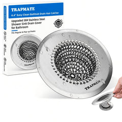 TRAPMATE vista frontal del protector mostrando forma y ajuste, previene atascos