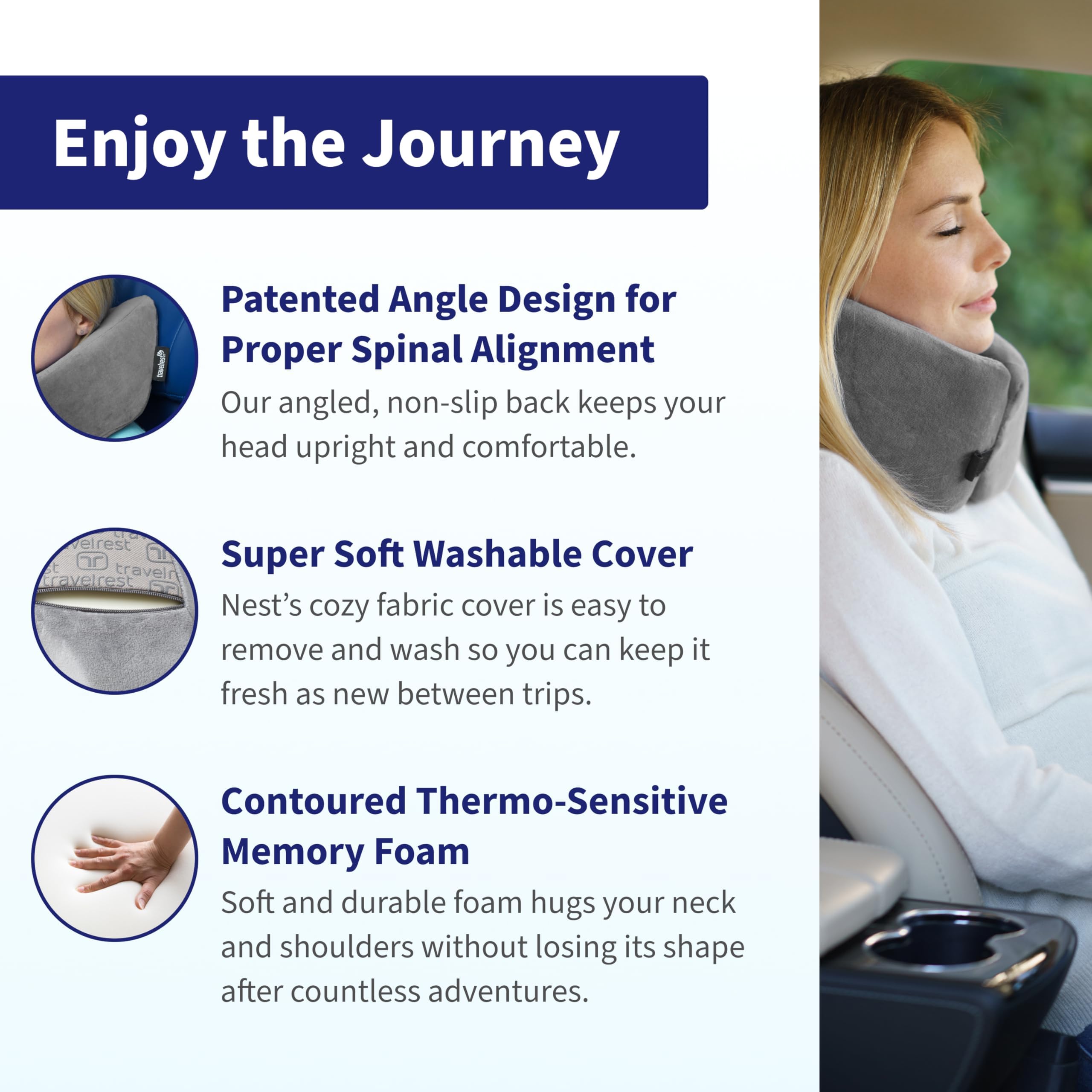 TRAVELREST detalle del respaldo plano que ilustra apoyo estable contra el asiento
