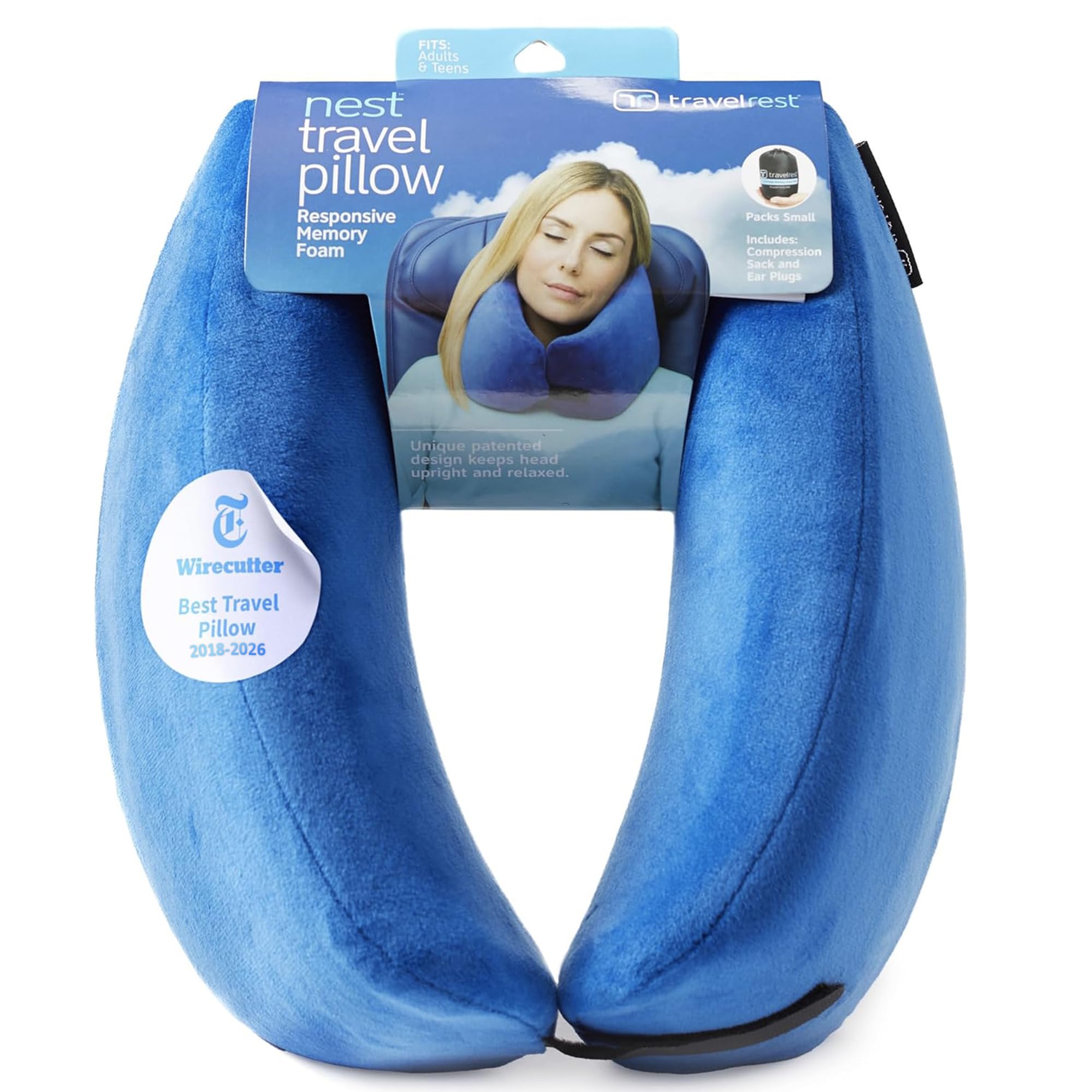TRAVELREST vista frontal del empaque mostrando la almohada azul y tamaño compacto