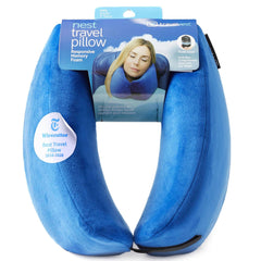TRAVELREST vista frontal del empaque mostrando la almohada azul y tamaño compacto