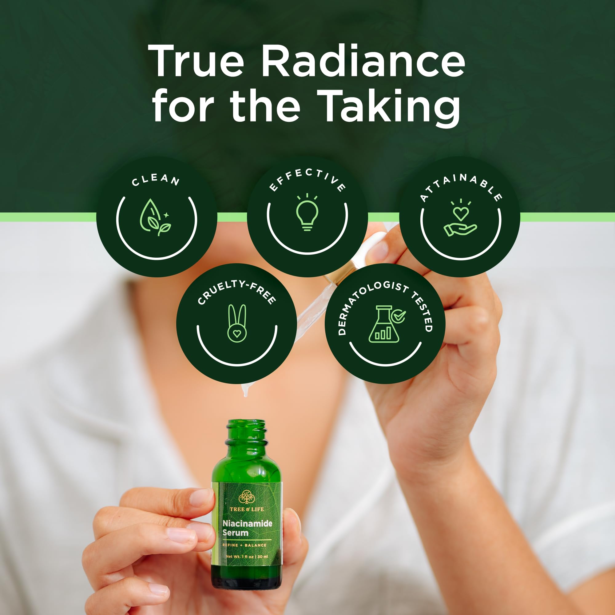 Tree of Life suero aplicado en piel como parte de rutina matinal nutritiva