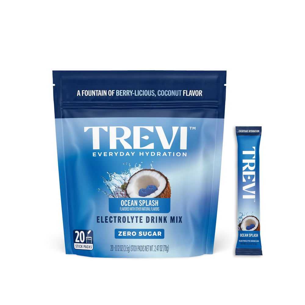 TREVI pack frontal Ocean Splash mostrando 20 sobres y beneficio hidratación