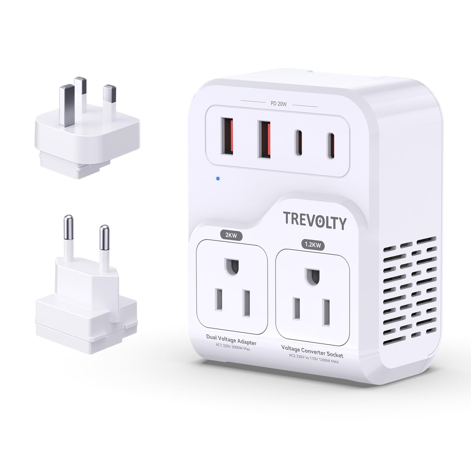 TREVOLTY vista frontal mostrando controles y puertos, facilita conexiones seguras