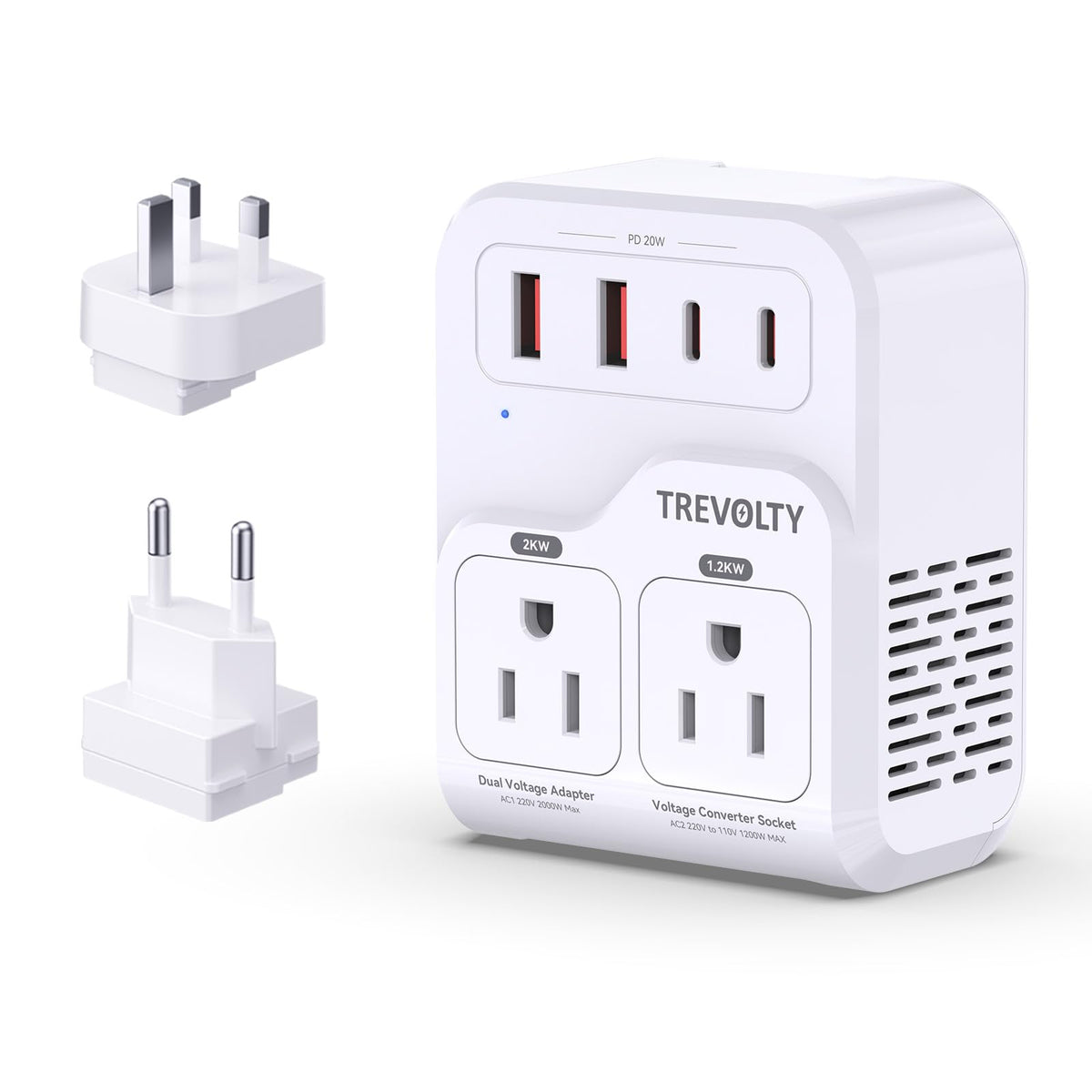 TREVOLTY vista frontal mostrando controles y puertos, facilita conexiones seguras