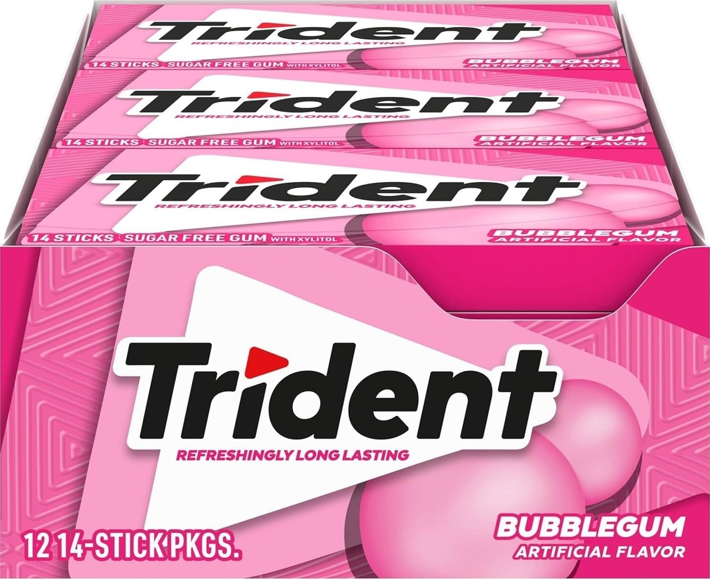 Trident frente del paquete mostrando 12 envases y marca para compra a granel