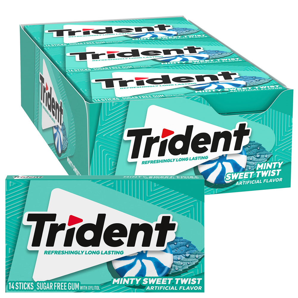 Trident bote frontal con 12 paquetes destacando cantidad y sabor mentolado