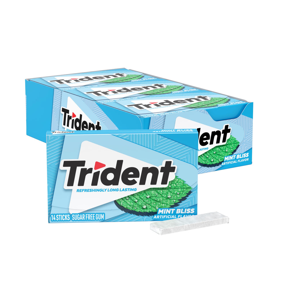 Trident muestra frontal del empaque, visibilidad del producto y ventaja de cantidad