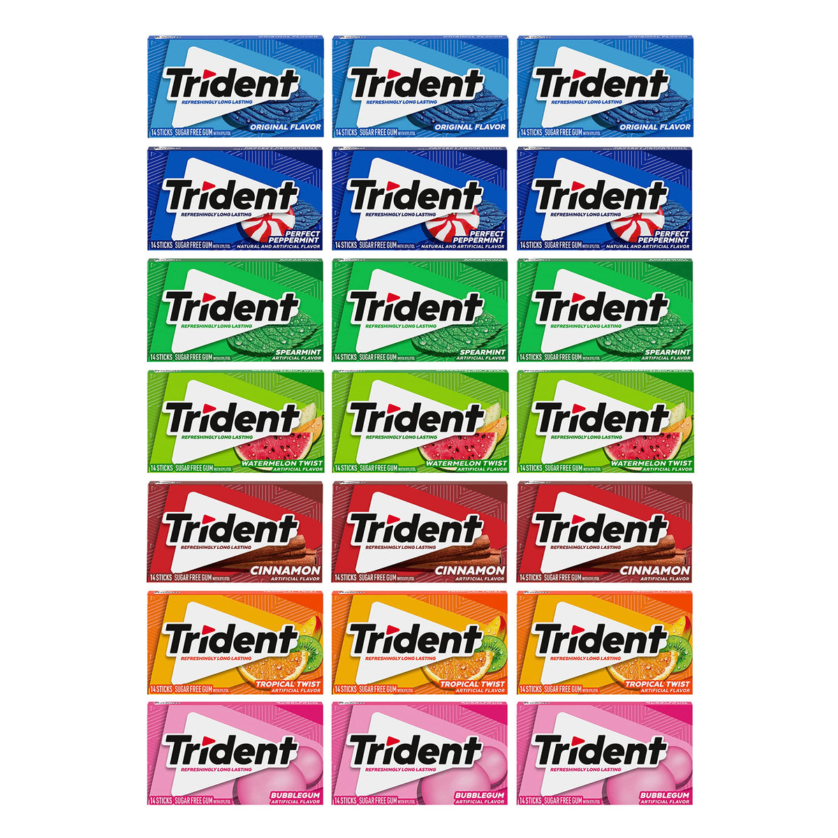 Trident paquete frontal surtido mostrando variedad y frescura