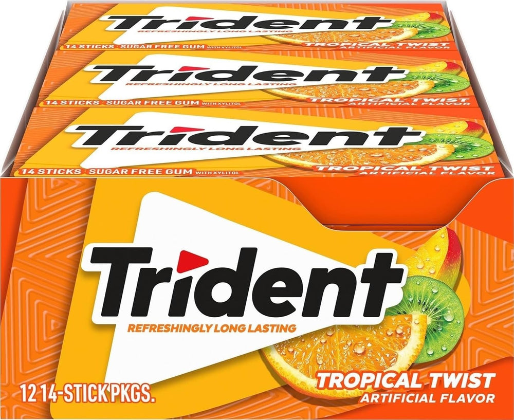 Trident frente del paquete muestra sabor tropical y conveniencia