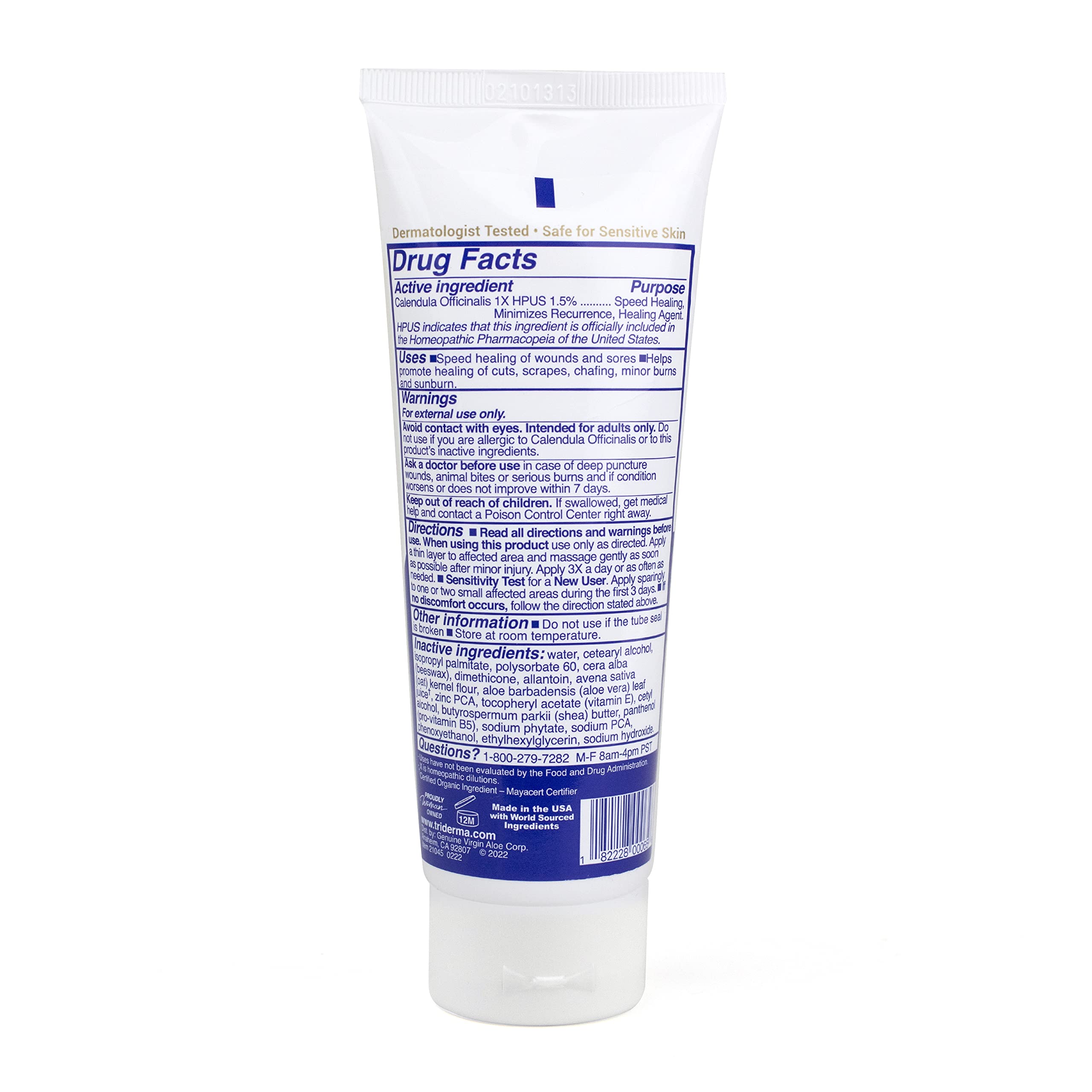 TriDerma tube in hand for scale showing compact 4 oz size ideal for first-aid kits