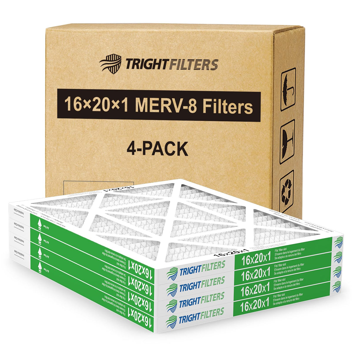 TRIGHTFILTERS frontal del paquete mostrando los cuatro filtros y ventaja de reemplazo