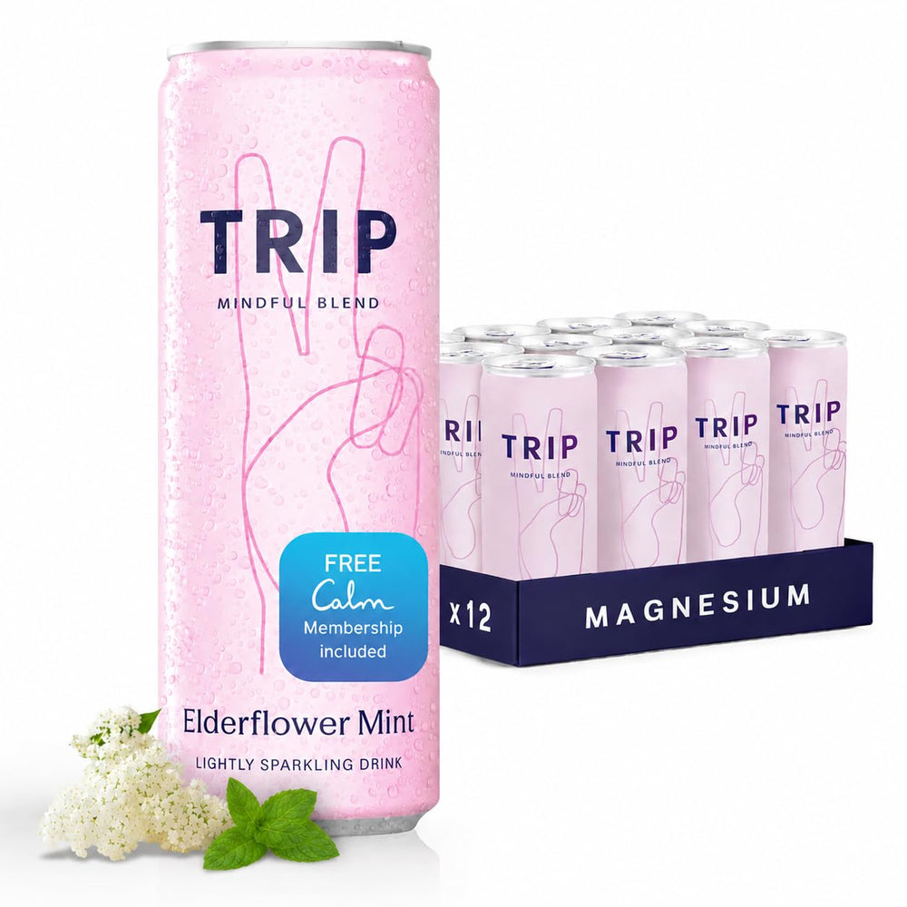 TRIP lata frontal mostrando diseño y sabor Elderflower Mint, aporta elegancia