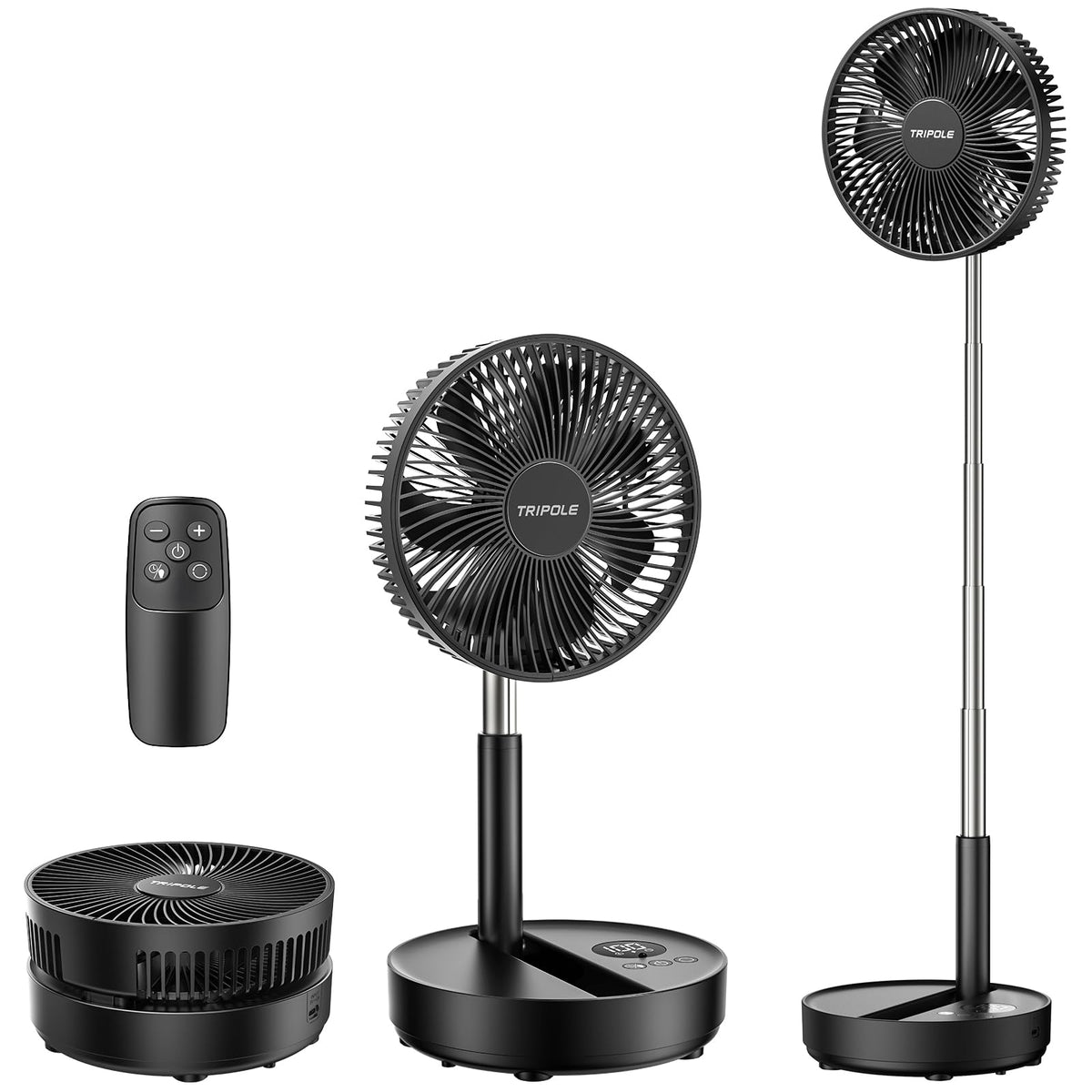TriPole ventilador de pie vista frontal mostrando diseño y beneficios portátiles