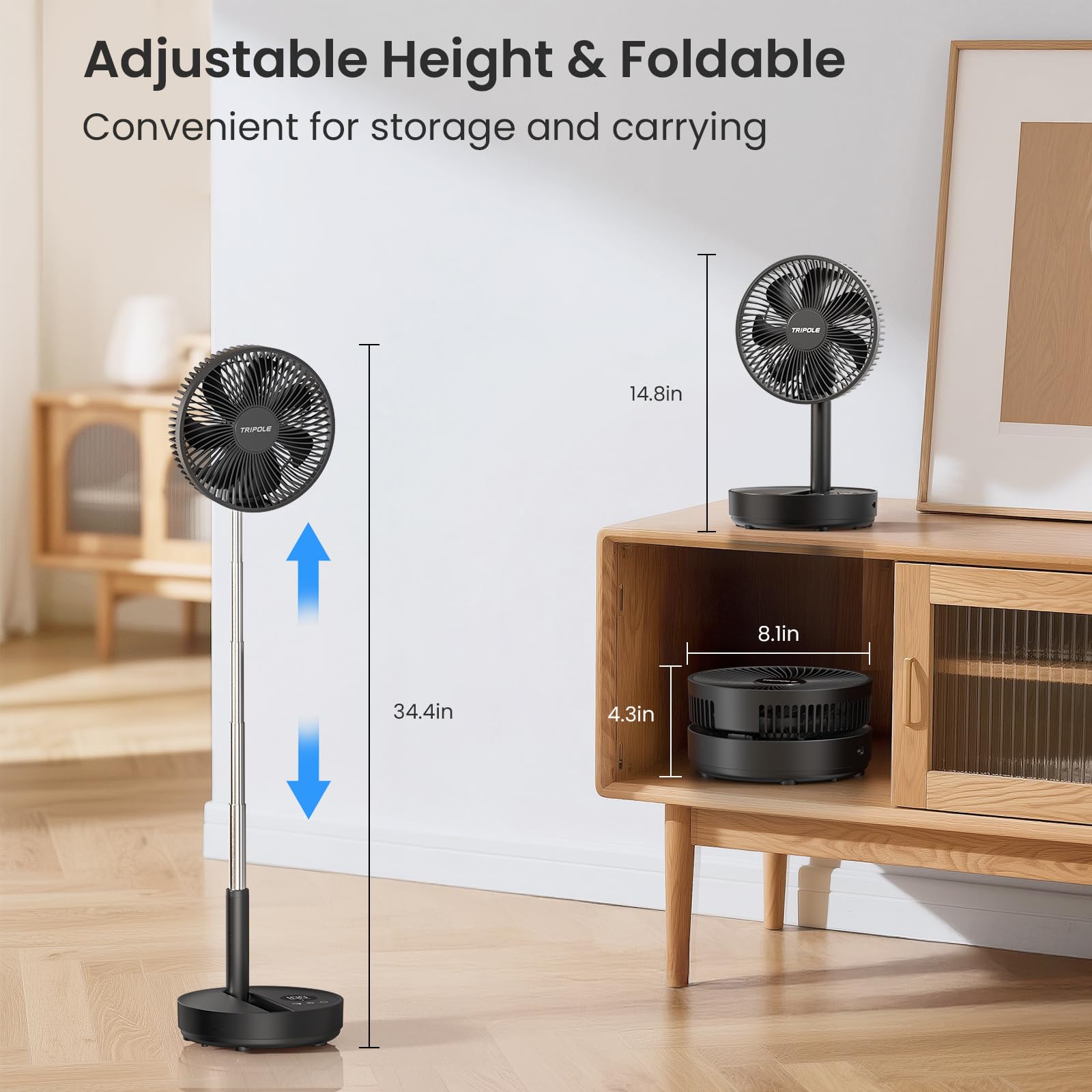 TriPole ventilador inclinable y oscilante repartiendo aire en diferentes direcciones