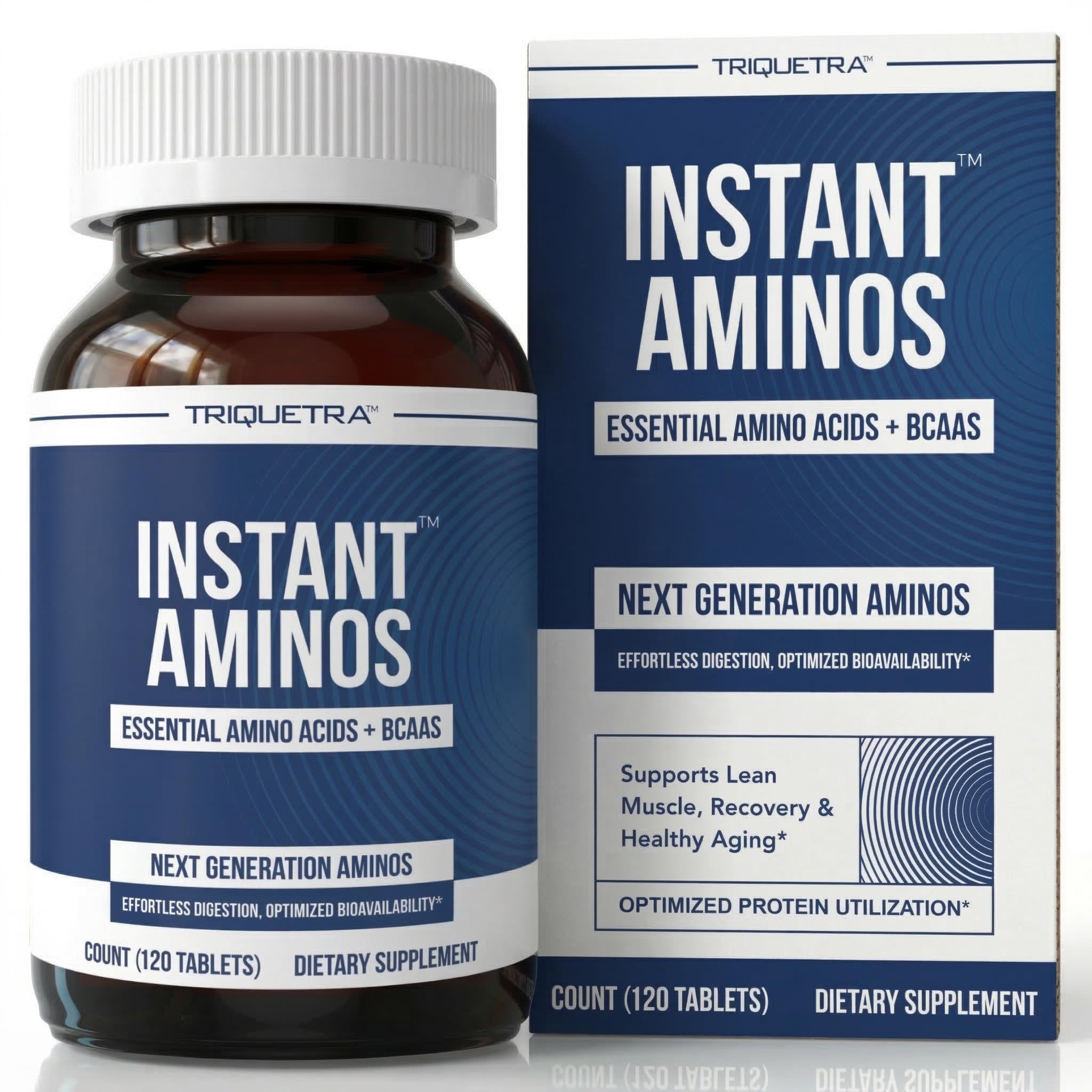Triquetra Health frasco frontal mostrando Instant Aminos y conveniencia
