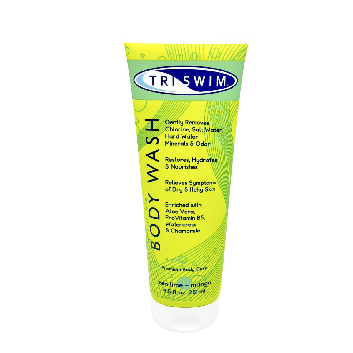 TRISWIM envase frontal mostrando gel limpiador y beneficio de eliminación de cloro