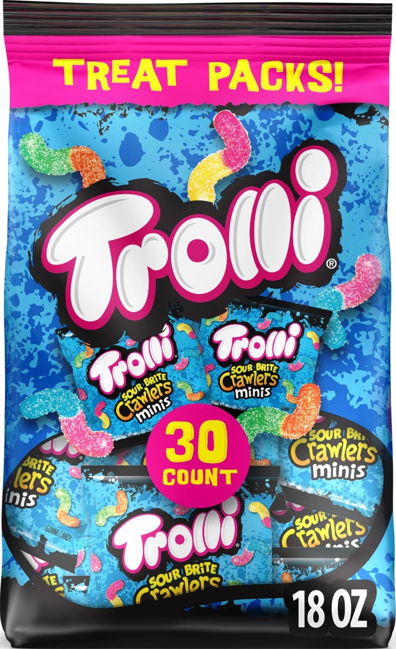Trolli bolsa frontal mostrando 18 oz y colores atractivos para fiestas