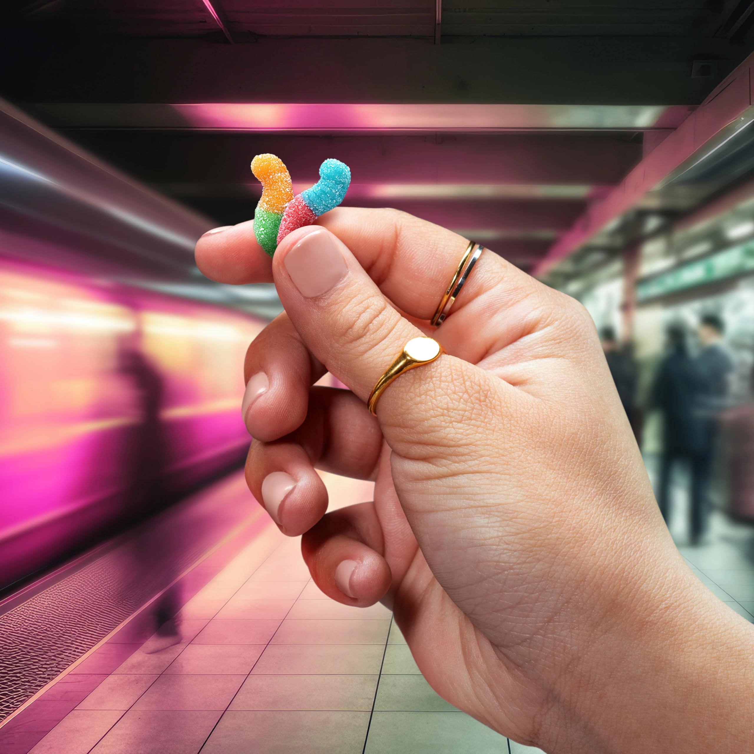 Trolli comparación de tamaño con una moneda mostrando escala real