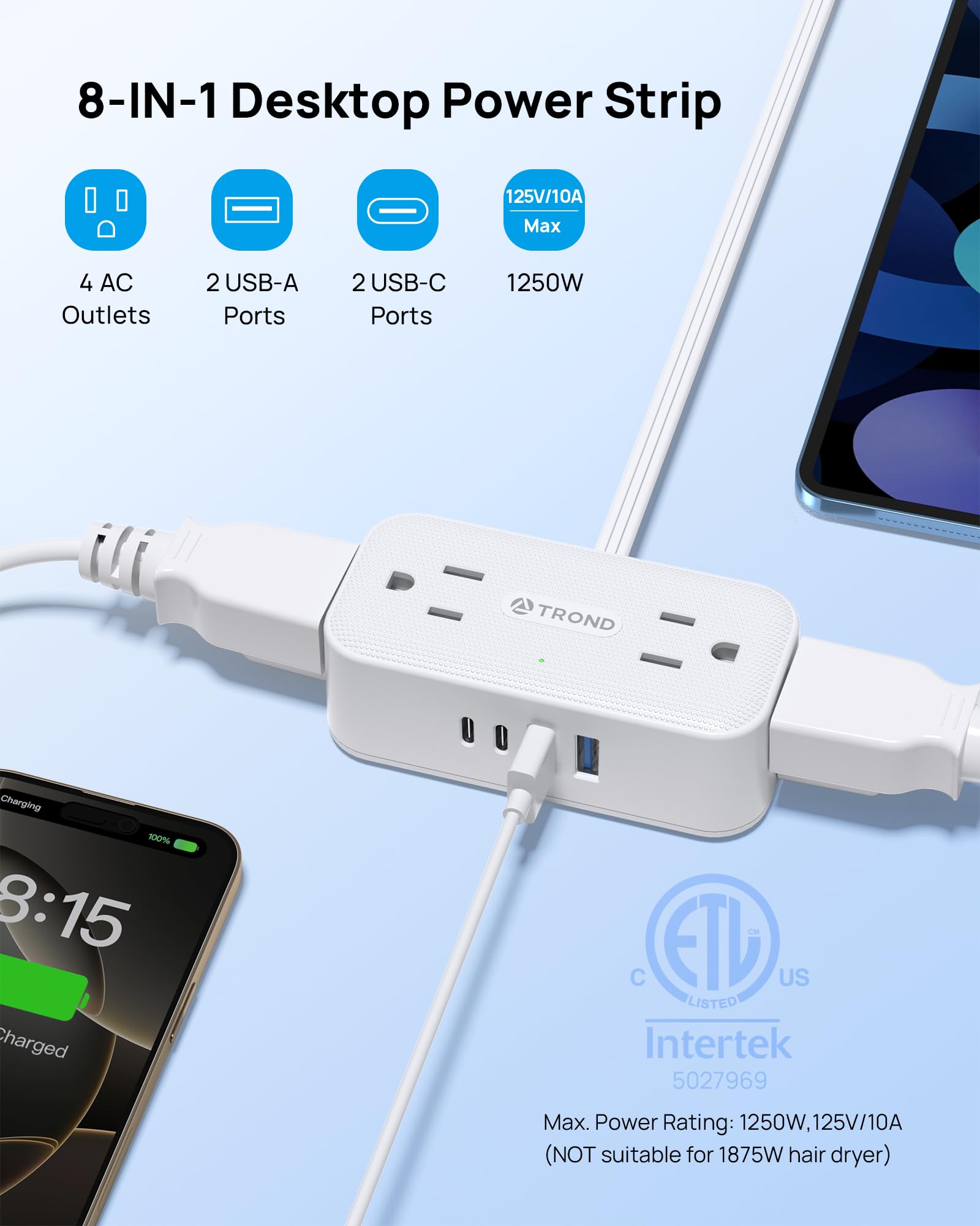 TROND detalle de puertos USB-C y USB-A para carga rápida y segura