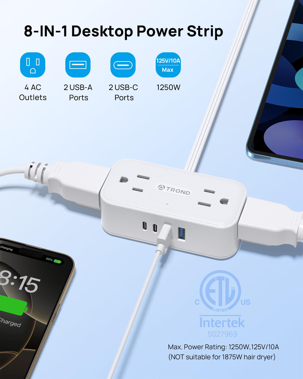 TROND detalle de puertos USB-C y USB-A para carga rápida y segura