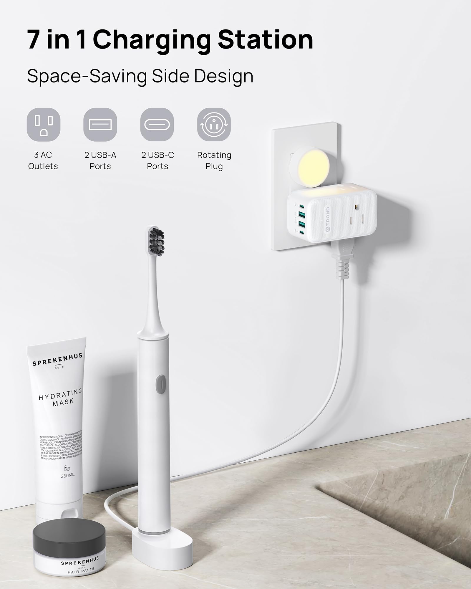 TROND detalle de puertos USB‑C y USB‑A mostrando capacidad de carga rápida