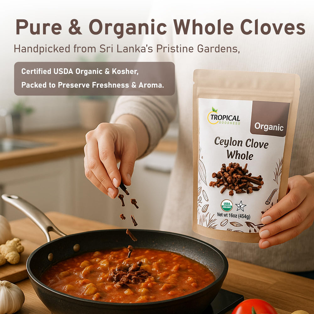 Tropical Goodness etiqueta con sellos USDA Organic y Kosher visibles