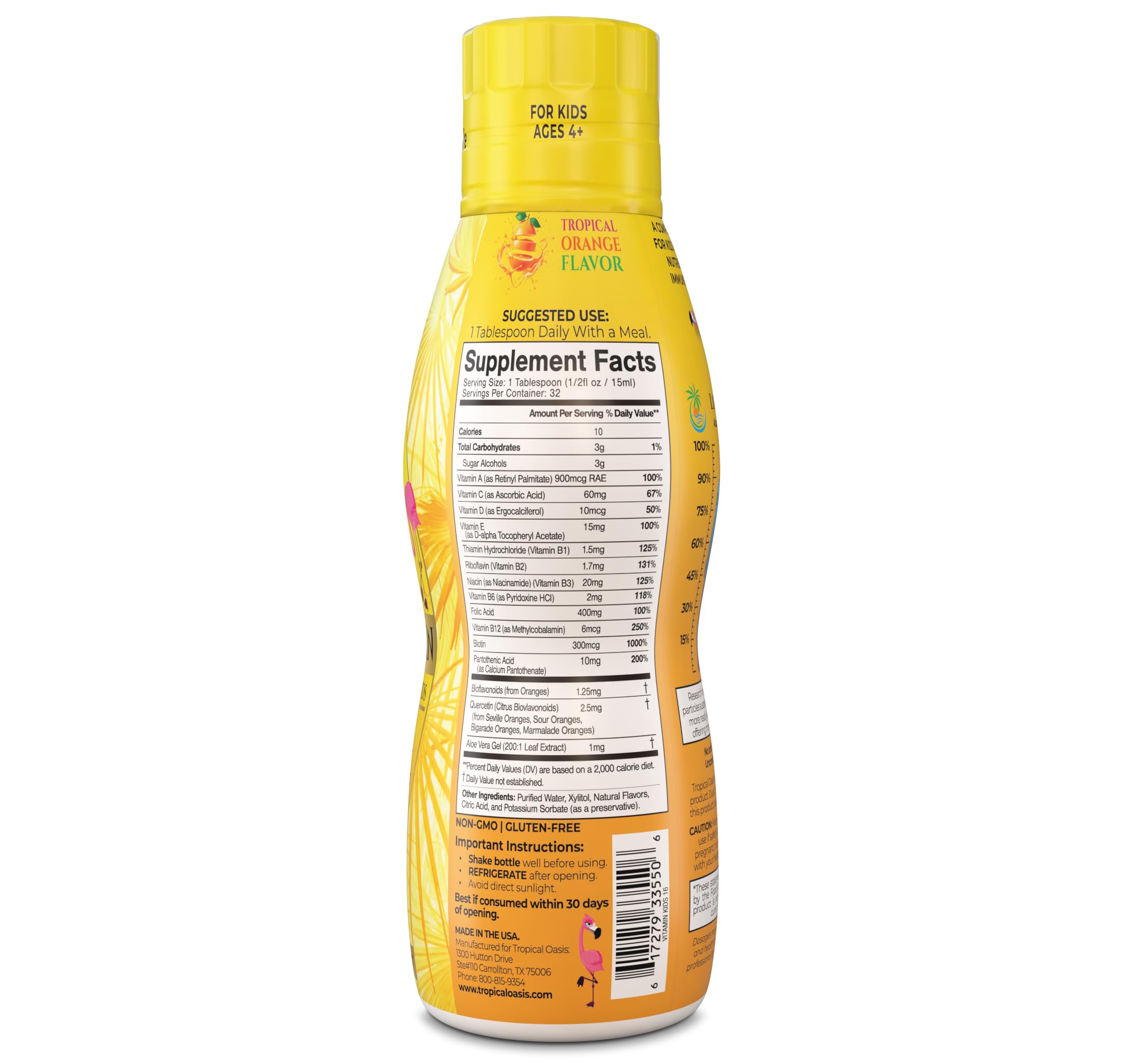 Tropical Oasis etiqueta con lista de vitaminas y dosificación visible