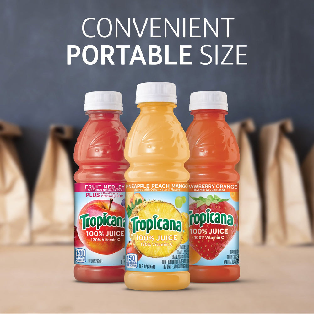 Tropicana botella en lonchera demostrando conveniencia para llevar