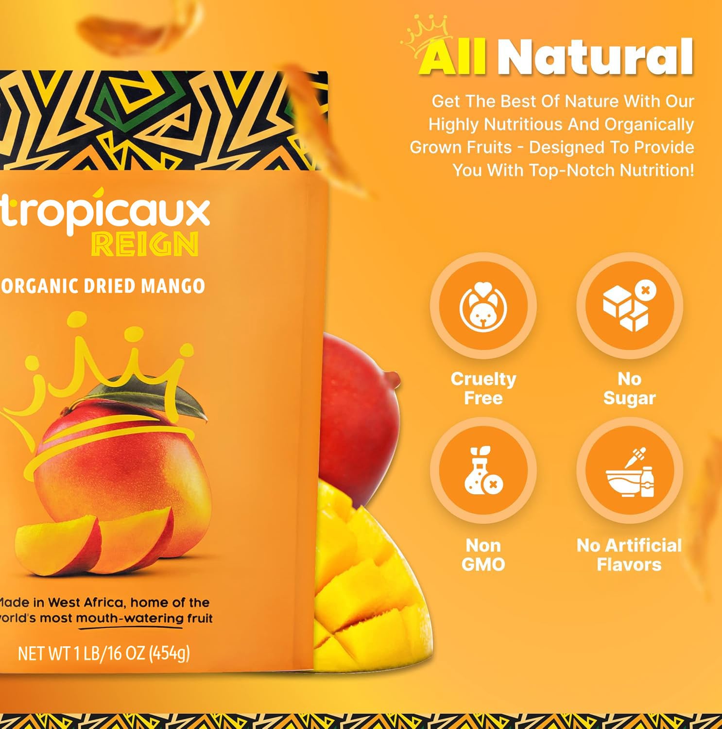 Tropicaux Reign etiqueta con certificaciones orgánicas y Non-GMO visible